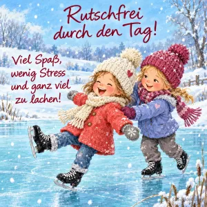 Zwei Kinder in Wintermützen laufen lachend Schlittschuh, Text: Rutschfrei durch den Tag! – Viel Spaß, wenig Stress und ganz viel zu lachen!