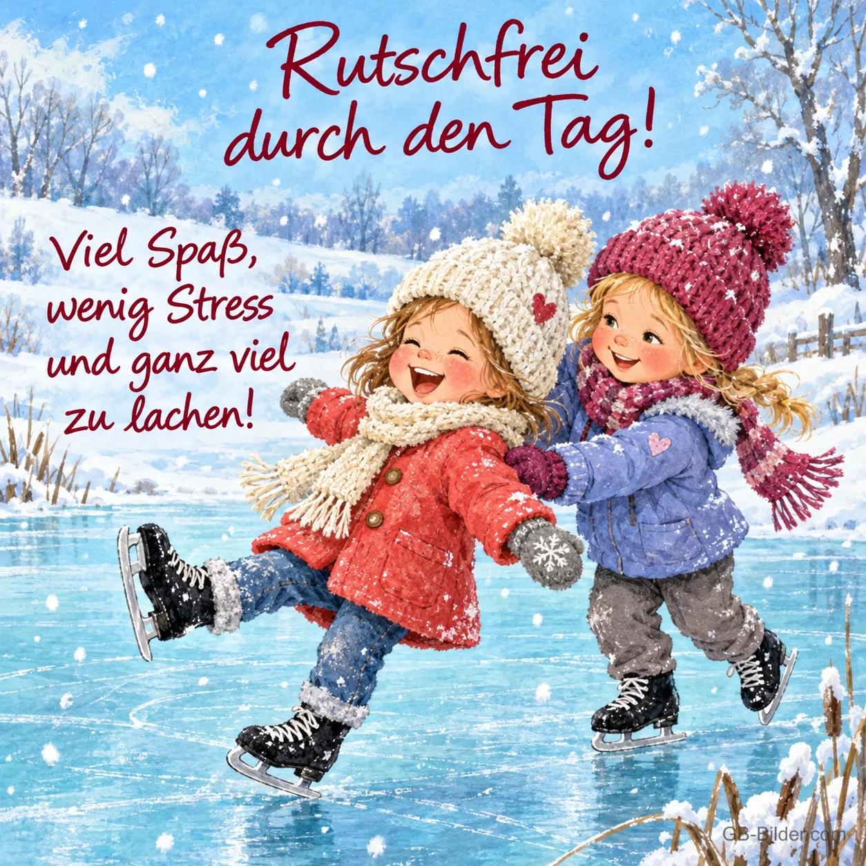 Zwei Kinder in Wintermützen laufen lachend Schlittschuh, Text: Rutschfrei durch den Tag! – Viel Spaß, wenig Stress und ganz viel zu lachen!