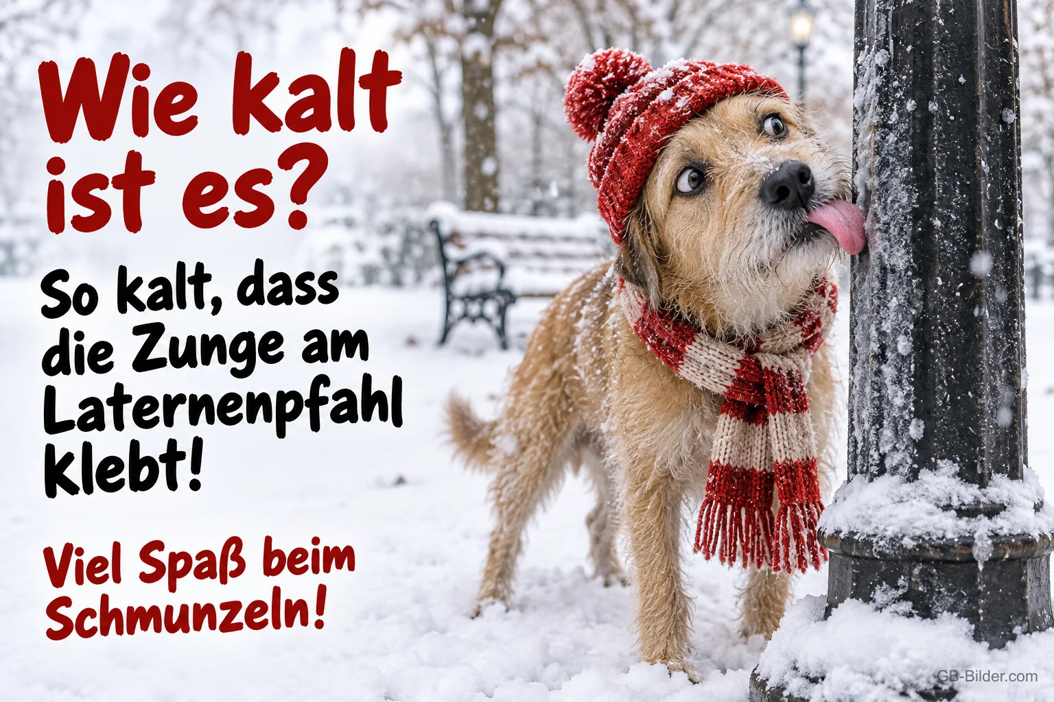 Hund mit Mütze und Schal klebt mit der Zunge an einem Laternenpfahl, Text: Wie kalt ist es? – So kalt, dass die Zunge am Laternenpfahl klebt! Viel Spaß beim Schmunzeln!