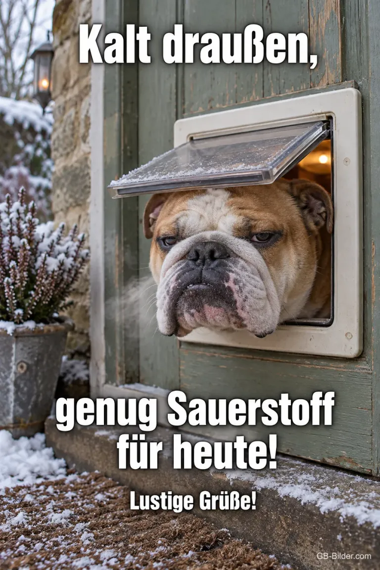 Bulldogge schaut mürrisch aus einer Katzenklappe in den Schnee, Text: Kalt draußen, – genug Sauerstoff für heute! Lustige Grüße!