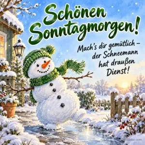 Schneemann mit grüner Mütze und Schal tanzt im verschneiten Garten, Text: Schönen Sonntagmorgen! – Mach's dir gemütlich – der Schneemann hat draußen Dienst!