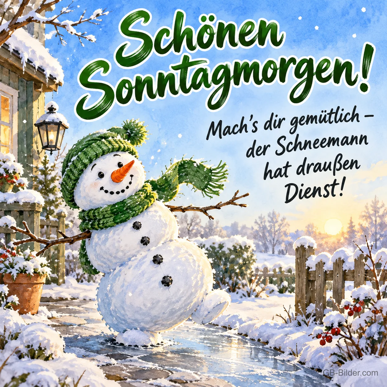 Schneemann mit grüner Mütze und Schal tanzt im verschneiten Garten, Text: Schönen Sonntagmorgen! – Mach's dir gemütlich – der Schneemann hat draußen Dienst!