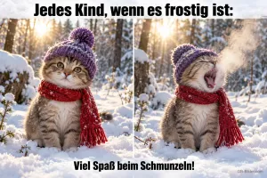Kätzchen mit Mütze und Schal haucht in die kalte Luft, Text: Jedes Kind, wenn es frostig ist: – Viel Spaß beim Schmunzeln!