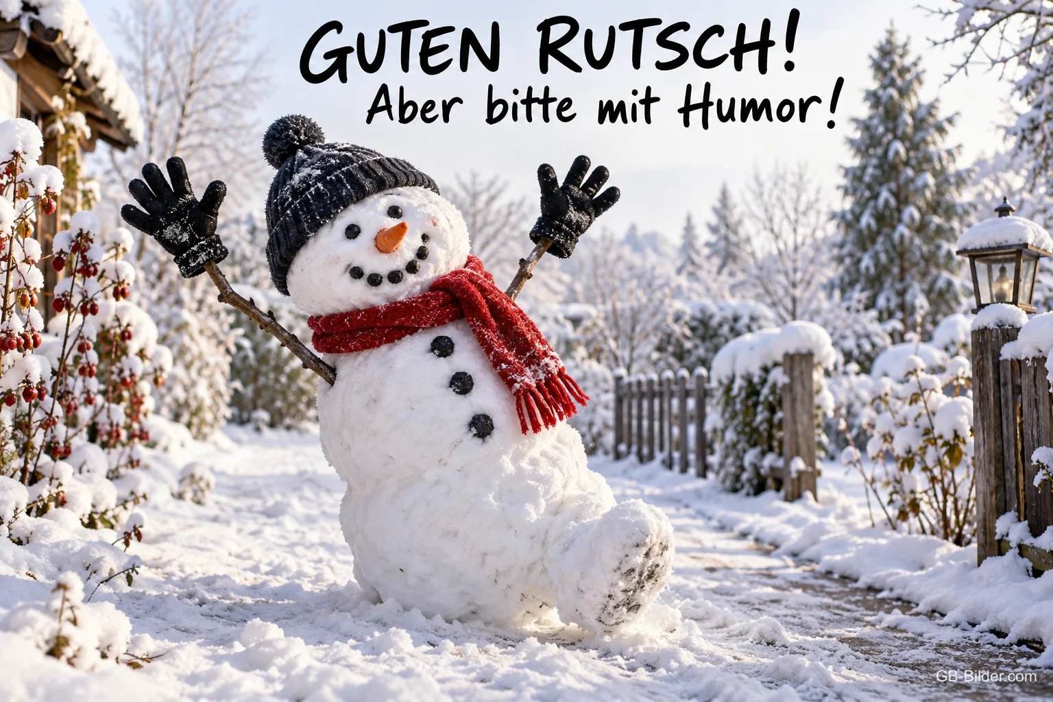 Schneemann rutscht auf dem Hintern einen verschneiten Weg hinunter, Text: GUTEN RUTSCH! – Aber bitte mit Humor!
