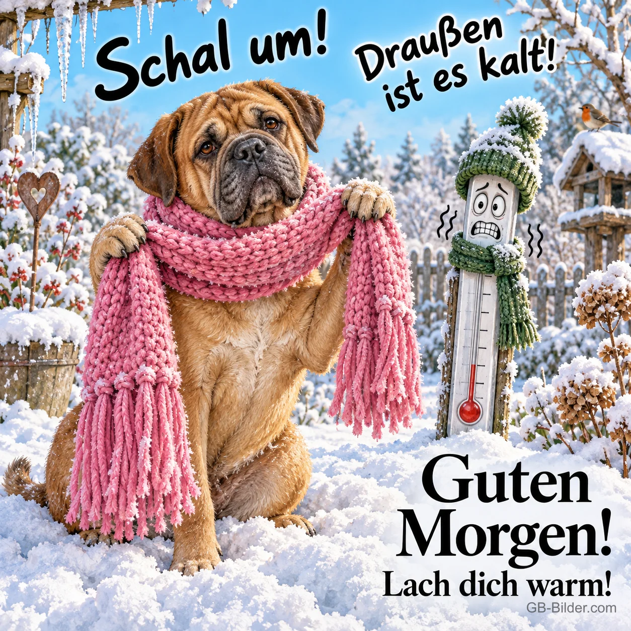 Shar-Pei mit rosa Schal neben einem frierenden Thermometer, Text: Schal um! Draußen ist es kalt! – Guten Morgen! Lach dich warm!