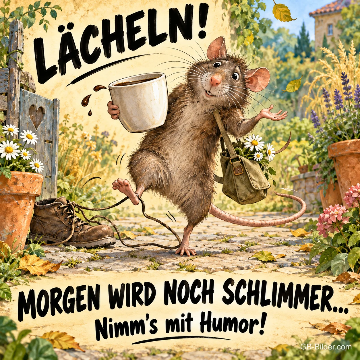Ratte mit Kaffeebecher und Umhängetasche stolpert durch einen Garten, Text: LÄCHELN! – MORGEN WIRD NOCH SCHLIMMER … Nimm's mit Humor!
