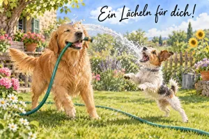 Golden Retriever mit Gartenschlauch spritzt einen springenden Terrier nass, Text: Ein Lächeln für dich!