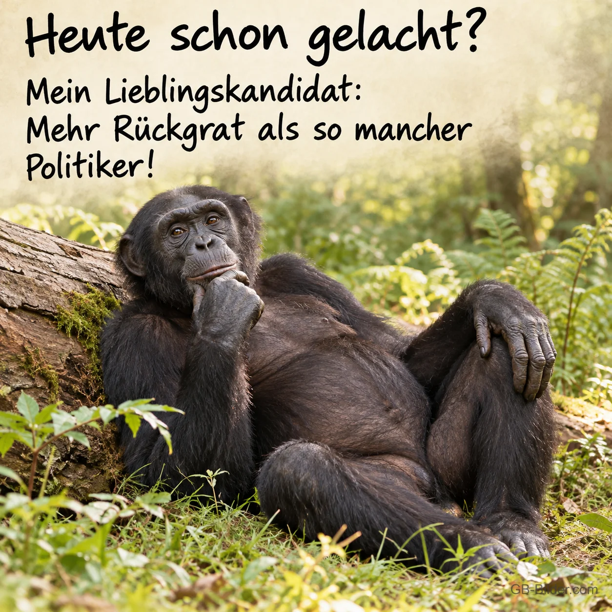 Schimpanse stützt nachdenklich das Kinn im Wald, Text: Heute schon gelacht? – Mein Lieblingskandidat: Mehr Rückgrat als so mancher Politiker!