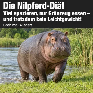 Nilpferd steigt aus dem Fluss auf eine Wiese, Text: Die Nilpferd-Diät – Viel spazieren, nur Grünzeug essen – und trotzdem kein Leichtgewicht! Lach mal wieder!