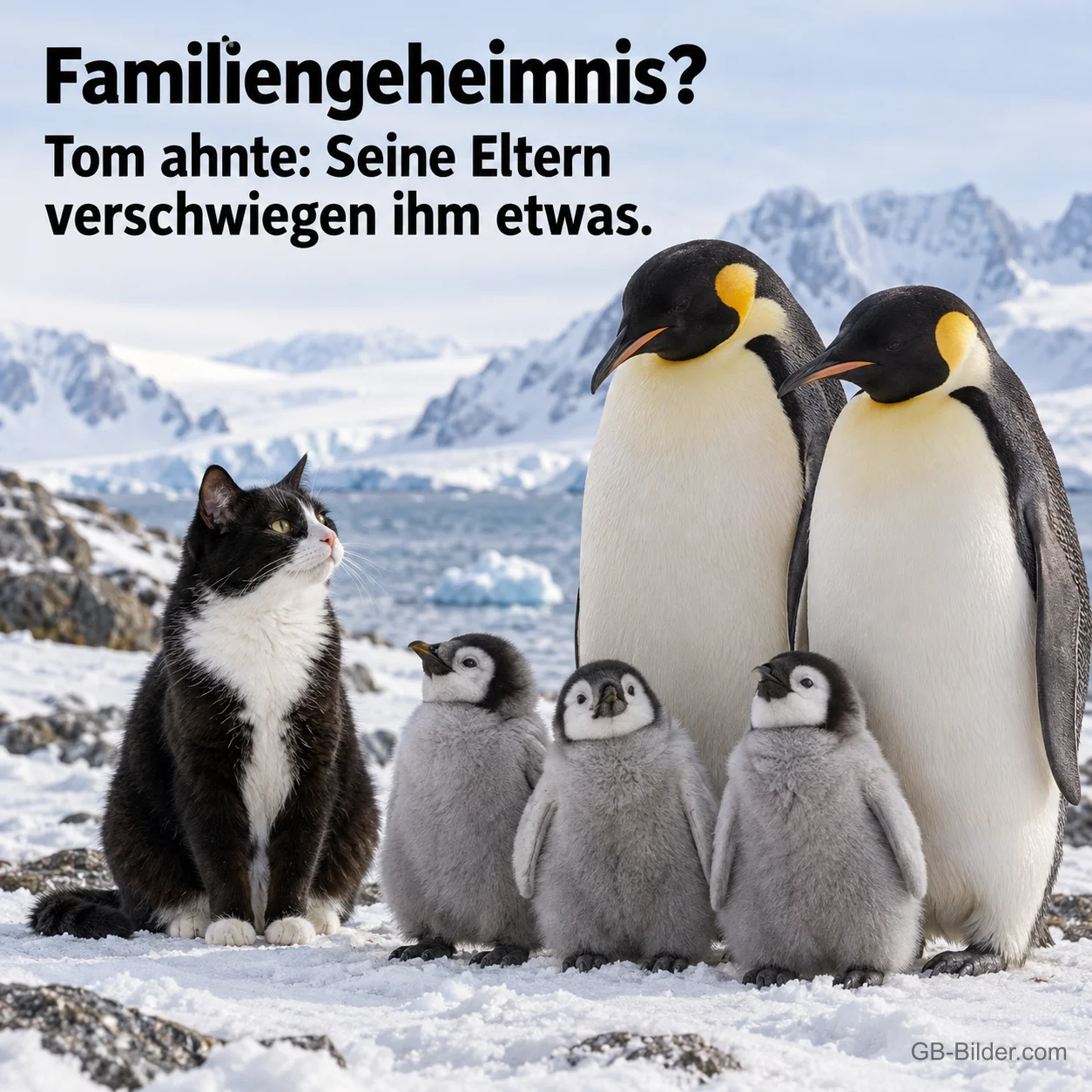 Schwarz-weiße Katze sitzt zwischen Kaiserpinguinen und Küken, Text: Familiengeheimnis? – Tom ahnte: Seine Eltern verschweigen ihm etwas.