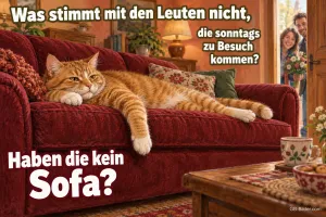 Rote Katze liegt faul auf dem Sofa, Besuch schaut zur Tür herein, Text: Was stimmt mit den Leuten nicht, die sonntags zu Besuch kommen? – Haben die kein Sofa?