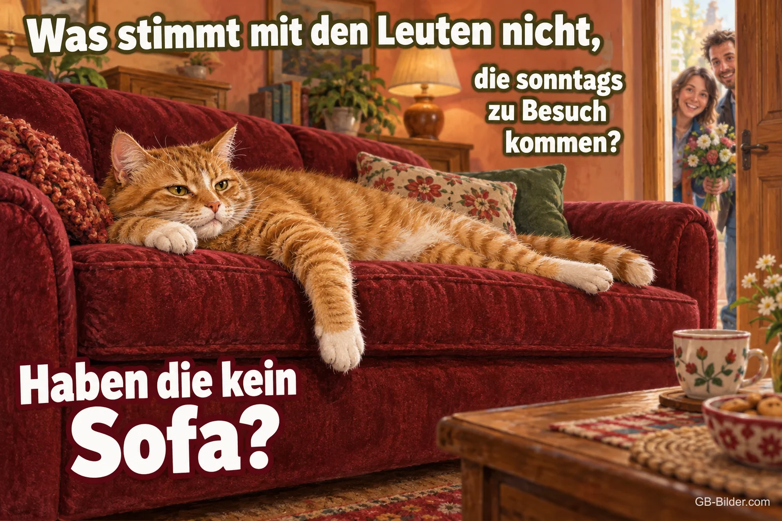 Rote Katze liegt faul auf dem Sofa, Besuch schaut zur Tür herein, Text: Was stimmt mit den Leuten nicht, die sonntags zu Besuch kommen? – Haben die kein Sofa?