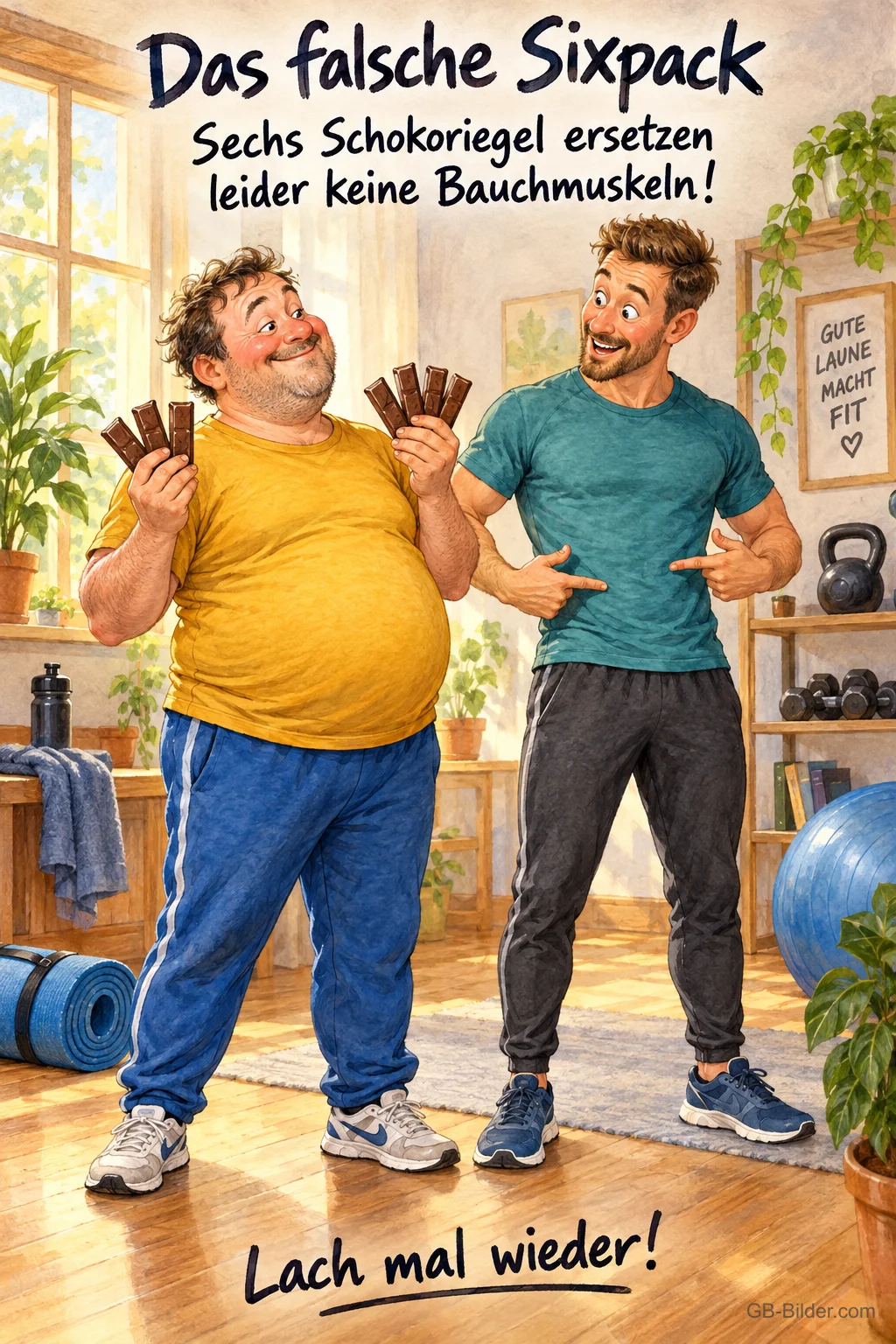 Mann mit Schokoriegeln neben einem durchtrainierten Mann im Fitnessraum, Text: Das falsche Sixpack – Sechs Schokoriegel ersetzen leider keine Bauchmuskeln! Lach mal wieder!