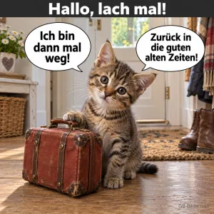 Getigertes Kätzchen sitzt mit einem alten Koffer im Flur, Text: Hallo, lach mal! – Ich bin dann mal weg! Zurück in die guten alten Zeiten!