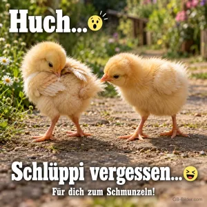 Zwei Küken putzen sich auf einem Gartenweg, Text: Huch … – Schlüppi vergessen … Für dich zum Schmunzeln!