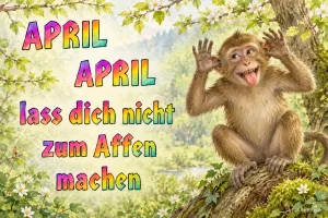 Äffchen macht eine lustige Grimasse im Baum, Text: APRIL APRIL lass dich nicht zum Affen machen