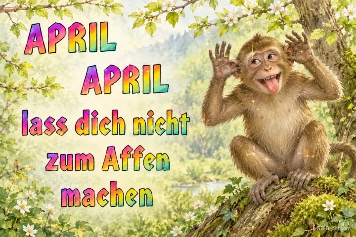 Äffchen macht eine lustige Grimasse im Baum, Text: APRIL APRIL lass dich nicht zum Affen machen