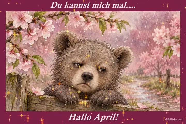 Missmutiges Bärenjunges am Zaun im Regen, Text: Du kannst mich mal... Hallo April!