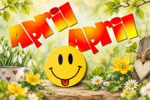 Lachender Smiley zwischen Frühlingsblumen, Text: April April