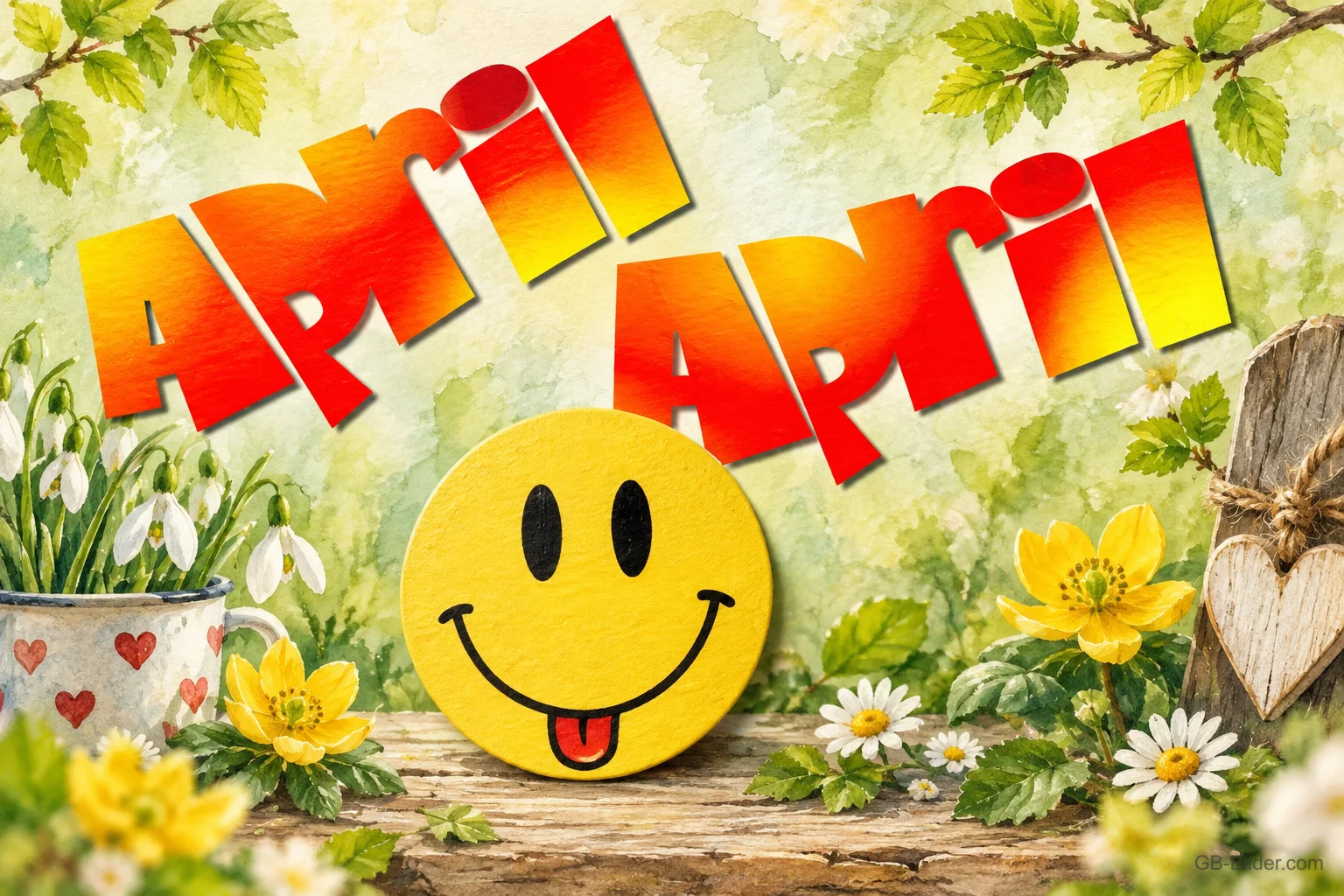 Lachender Smiley zwischen Frühlingsblumen, Text: April April