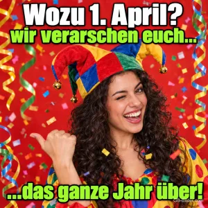 Lachende Frau mit Narrenkappe zwinkert und zeigt mit dem Daumen, Konfetti und Luftschlangen, Text: Wozu 1. April? wir verarschen euch... ...das ganze Jahr über!