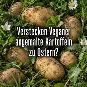 Kartoffeln liegen zwischen Gras und Gänseblümchen, Text: Verstecken Veganer angemalte Kartoffeln zu Ostern?
