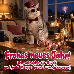 Katze mit Zylinder und Sonnenbrille auf Partytisch, Text: Frohes neues Jahr! Jede Menge Grund zum Schnurren!