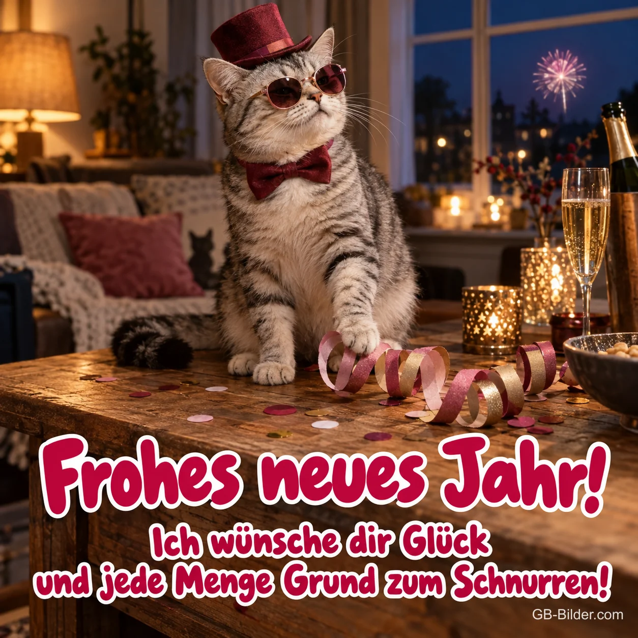 Katze mit Zylinder und Sonnenbrille auf Partytisch, Text: Frohes neues Jahr! Jede Menge Grund zum Schnurren! Katze mit Zylinder und Sonnenbrille auf Partytisch, Text: Frohes neues Jahr! Jede Menge Grund zum Schnurren!