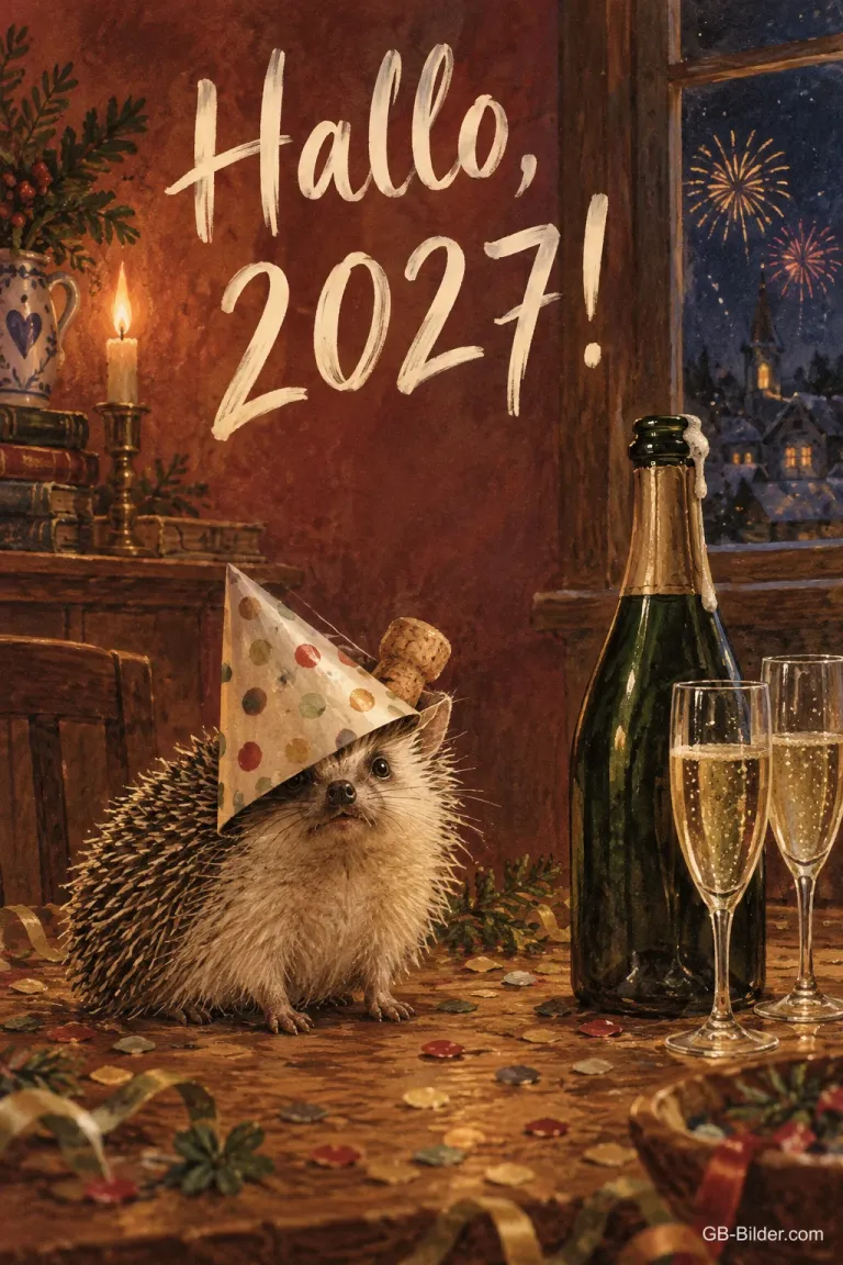 Igel mit Partyhut neben Sektflasche, Text: Hallo, 2027!