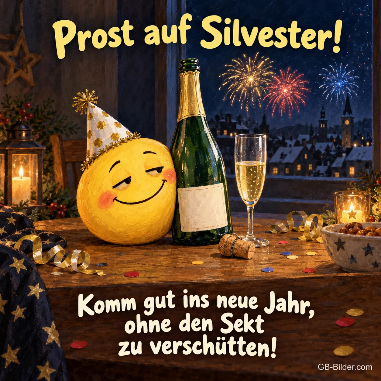 Filzsmiley mit Partyhut an einer Sektflasche, Text: Prost auf Silvester! Komm gut ins neue Jahr, ohne den Sekt zu verschütten!