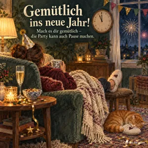 Gemütlicher Sessel mit schlafender Katze an Silvester, Text: Gemütlich ins neue Jahr!