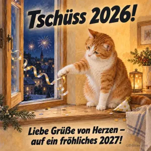 Kater mit Luftschlangen am Fenster an Silvester, Text: Tschüss 2026! Auf ein fröhliches 2027!