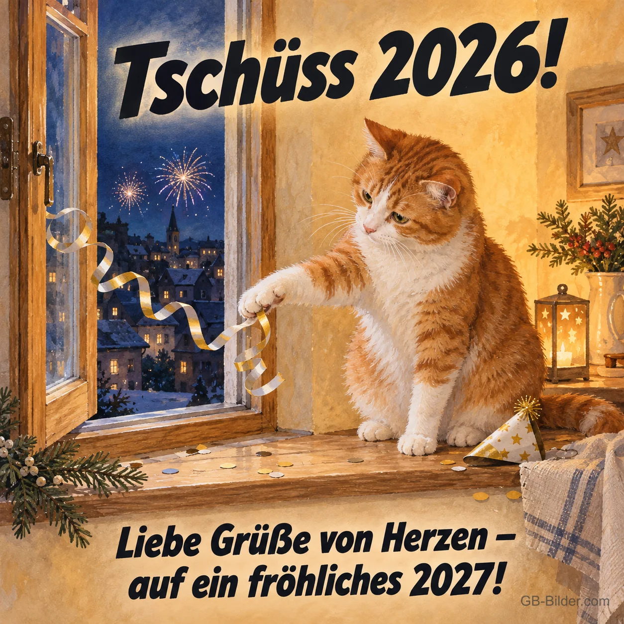 Kater mit Luftschlangen am Fenster an Silvester, Text: Tschüss 2026! Auf ein fröhliches 2027! Kater mit Luftschlangen am Fenster an Silvester, Text: Tschüss 2026! Auf ein fröhliches 2027!