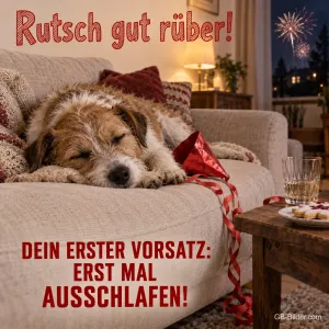 Schlafender Terrier auf dem Sofa mit Partyhut, Text: Rutsch gut rüber! Dein erster Vorsatz: erst mal ausschlafen!