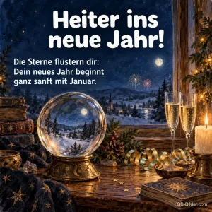 Glaskugel mit Sektgläsern vor Silvesterfeuerwerk, Text: Heiter ins neue Jahr! Dein neues Jahr beginnt ganz sanft mit Januar.