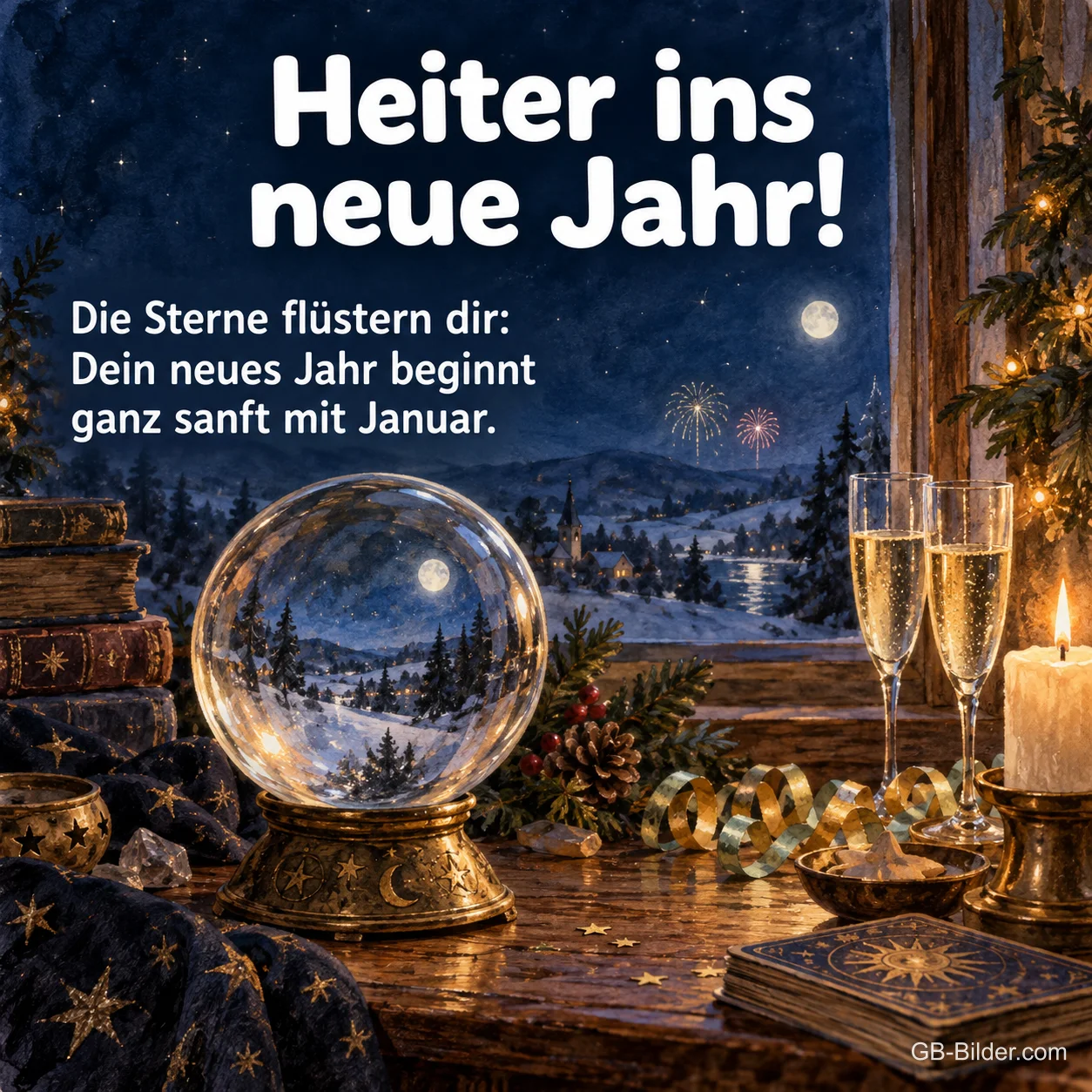 Glaskugel mit Sektgläsern vor Silvesterfeuerwerk, Text: Heiter ins neue Jahr! Dein neues Jahr beginnt ganz sanft mit Januar.