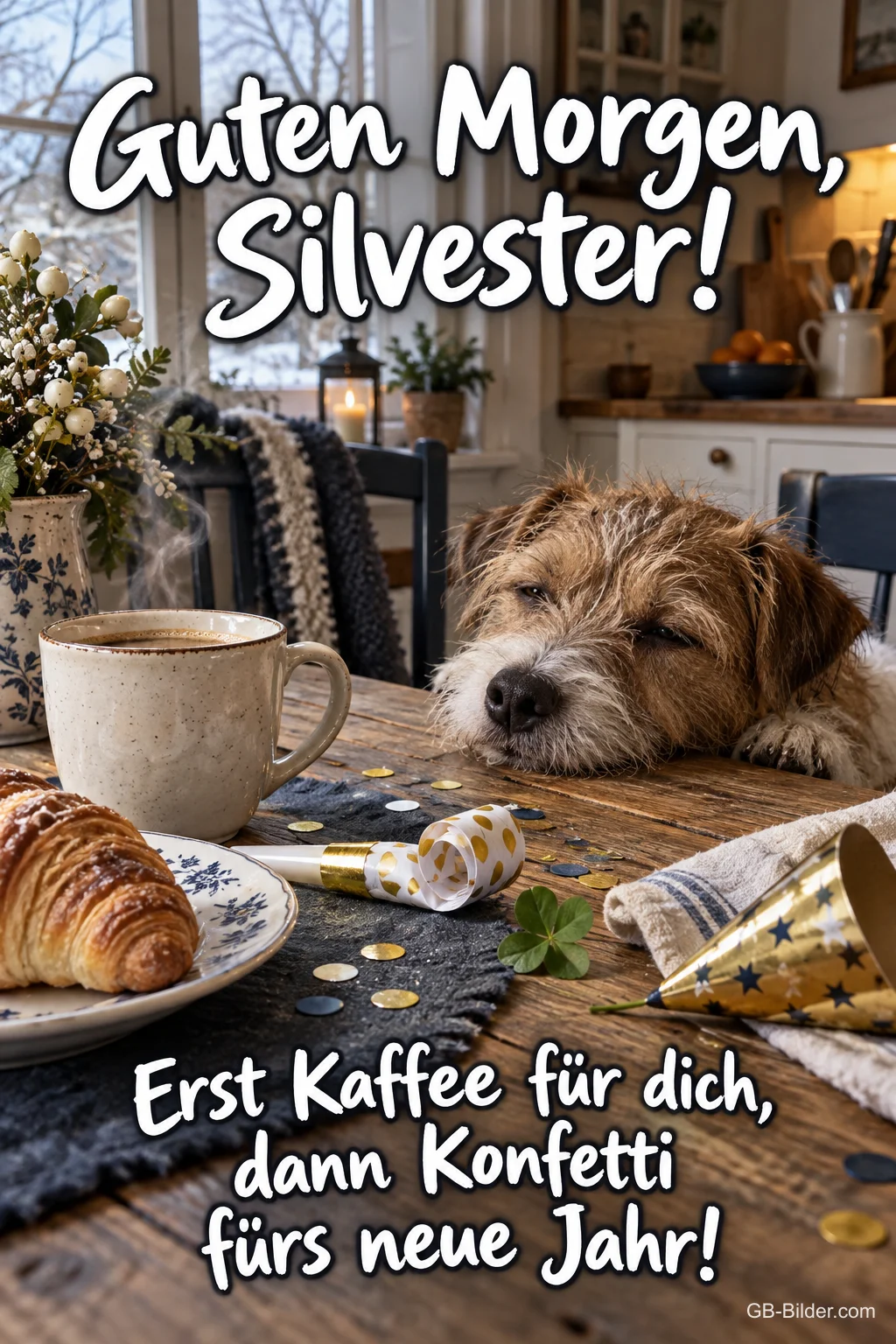 Müder Hund am Frühstückstisch an Silvester, Text: Guten Morgen, Silvester! Erst Kaffee für dich, dann Konfetti!