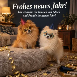 Zwei Zwergspitze mit Partyhüten, Text: Frohes neues Jahr! Tierisch viel Glück im neuen Jahr!