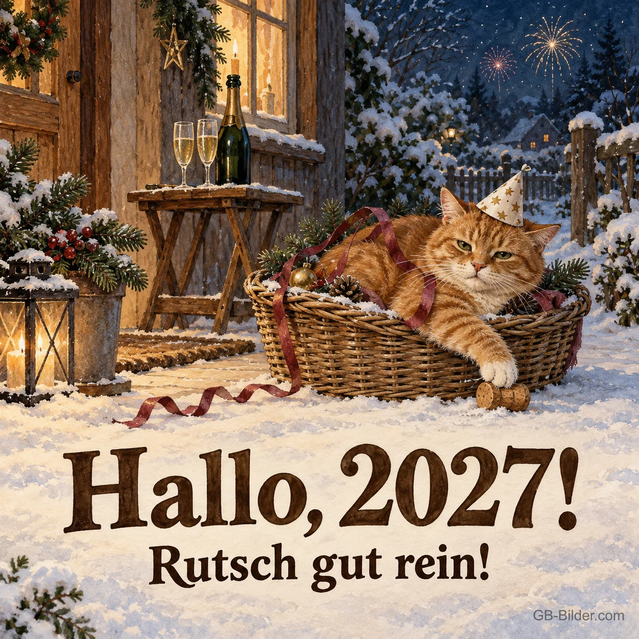 Kater mit Partyhut im verschneiten Garten, Text: Hallo, 2027! Rutsch gut rein!