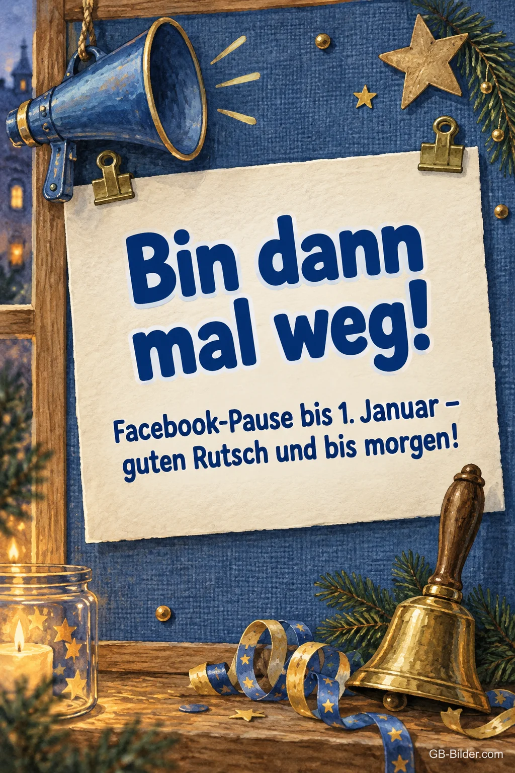 Zettel an der Pinnwand, Text: Bin dann mal weg! Facebook-Pause bis 1. Januar – guten Rutsch!