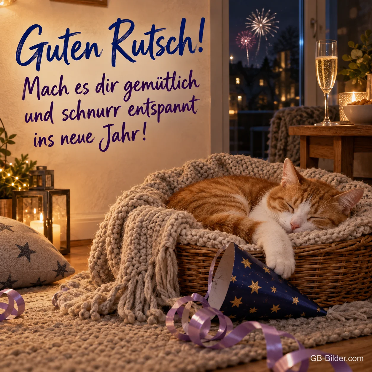 Schlafende Katze im Korb an Silvester, Text: Guten Rutsch! Schnurr entspannt ins neue Jahr!
