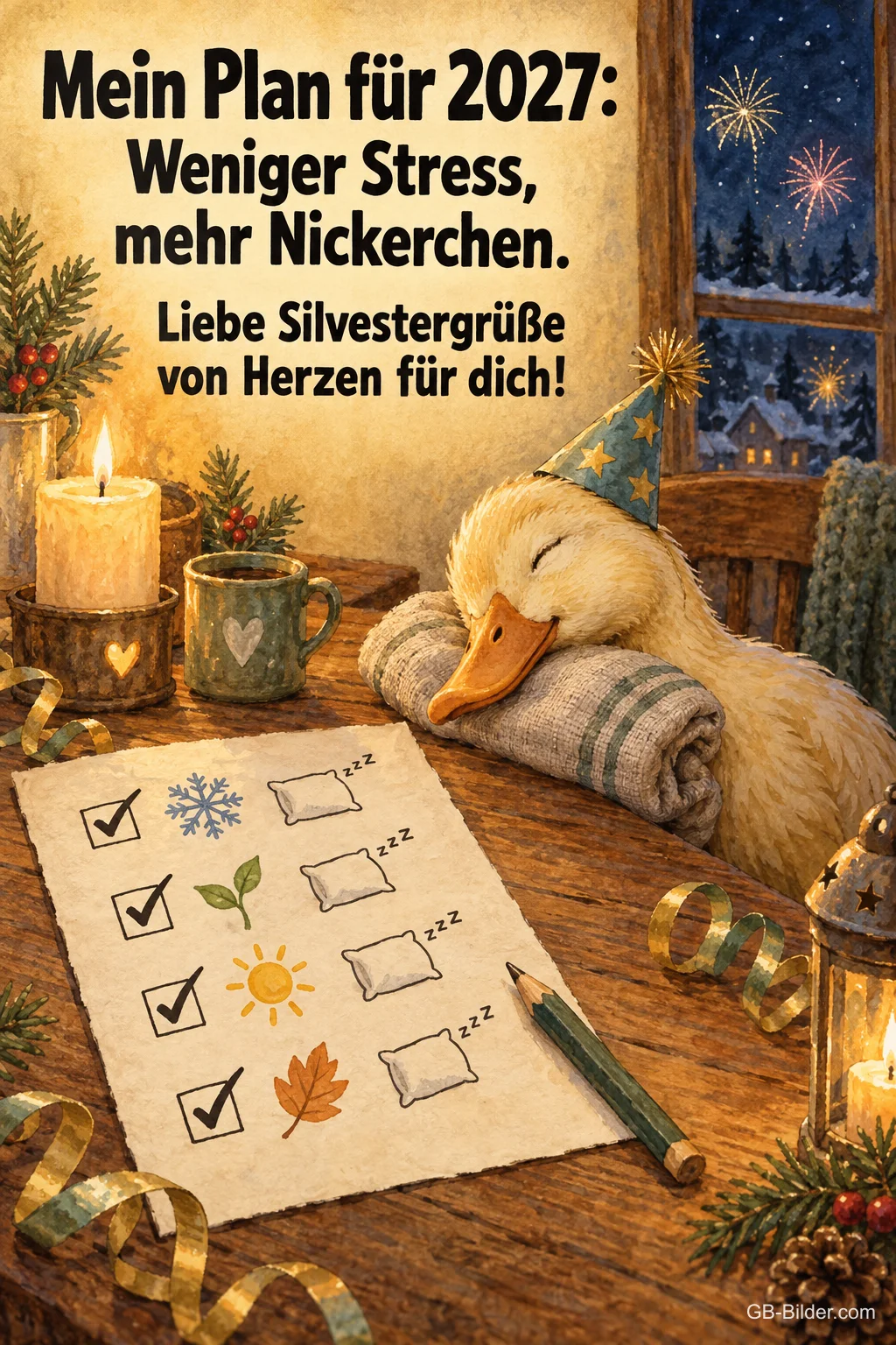 Schlafende Ente neben einem Jahresplan, Text: Mein Plan für 2027: Weniger Stress, mehr Nickerchen. Schlafende Ente neben einem Jahresplan, Text: Mein Plan für 2027: Weniger Stress, mehr Nickerchen.