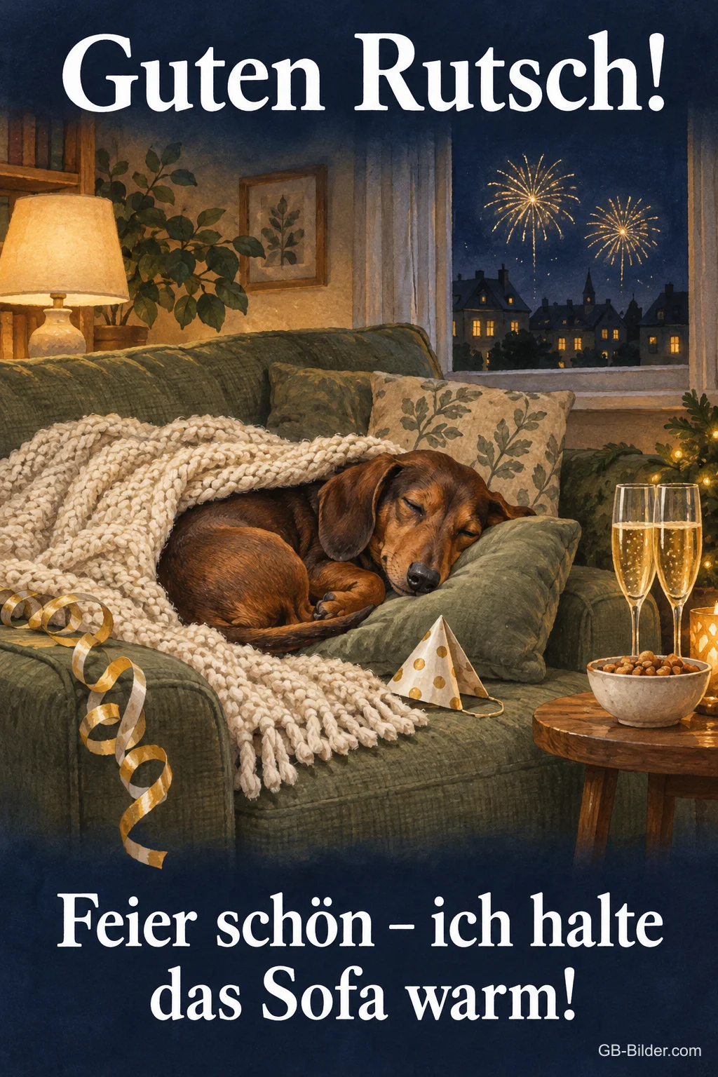 Schlafender Dackel auf dem Sofa an Silvester, Text: Guten Rutsch! Feier schön – ich halte das Sofa warm!