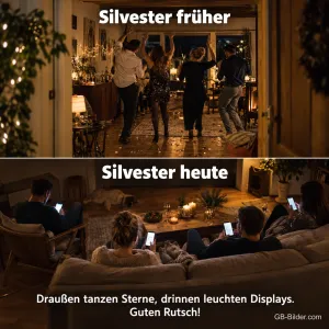 Vergleich: Party früher und Handys heute, Text: Silvester früher – Silvester heute. Guten Rutsch!