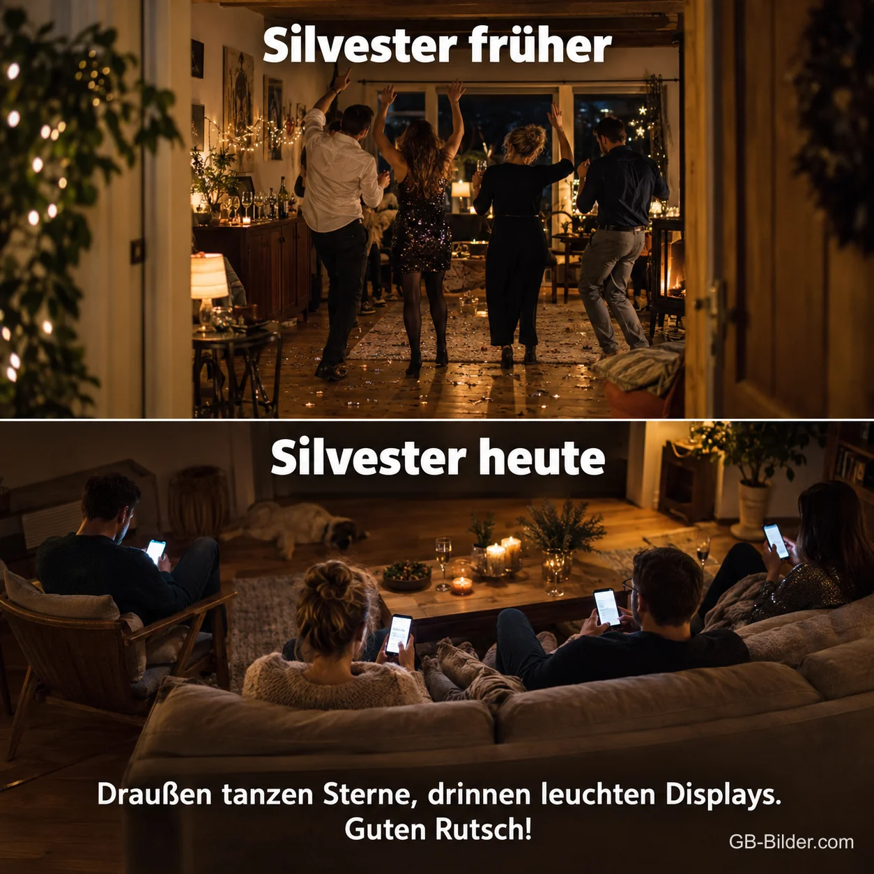 Vergleich: Party früher und Handys heute, Text: Silvester früher – Silvester heute. Guten Rutsch!