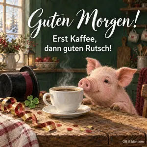 Ferkel mit Kaffeetasse und Zylinder, Text: Guten Morgen! Erst Kaffee, dann guten Rutsch!