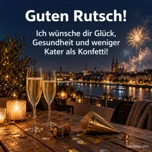 Sektgläser auf einem Balkon über einer Stadt mit Feuerwerk, Text: Guten Rutsch! Weniger Kater als Konfetti!