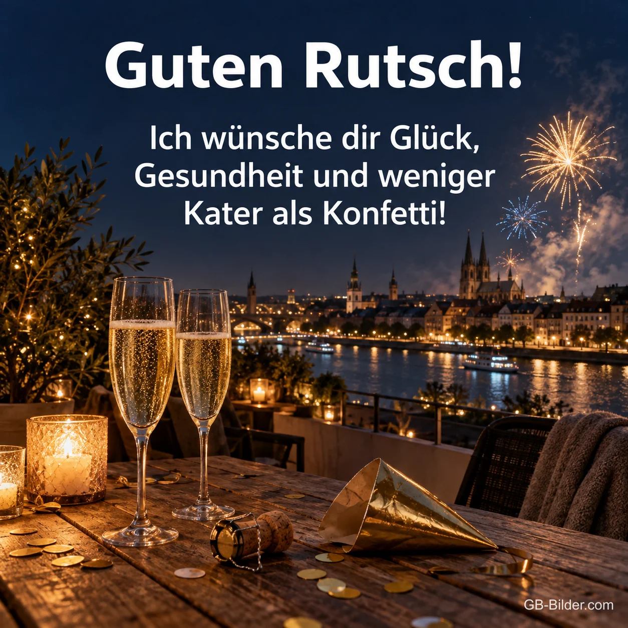 Sektgläser auf einem Balkon über einer Stadt mit Feuerwerk, Text: Guten Rutsch! Weniger Kater als Konfetti!