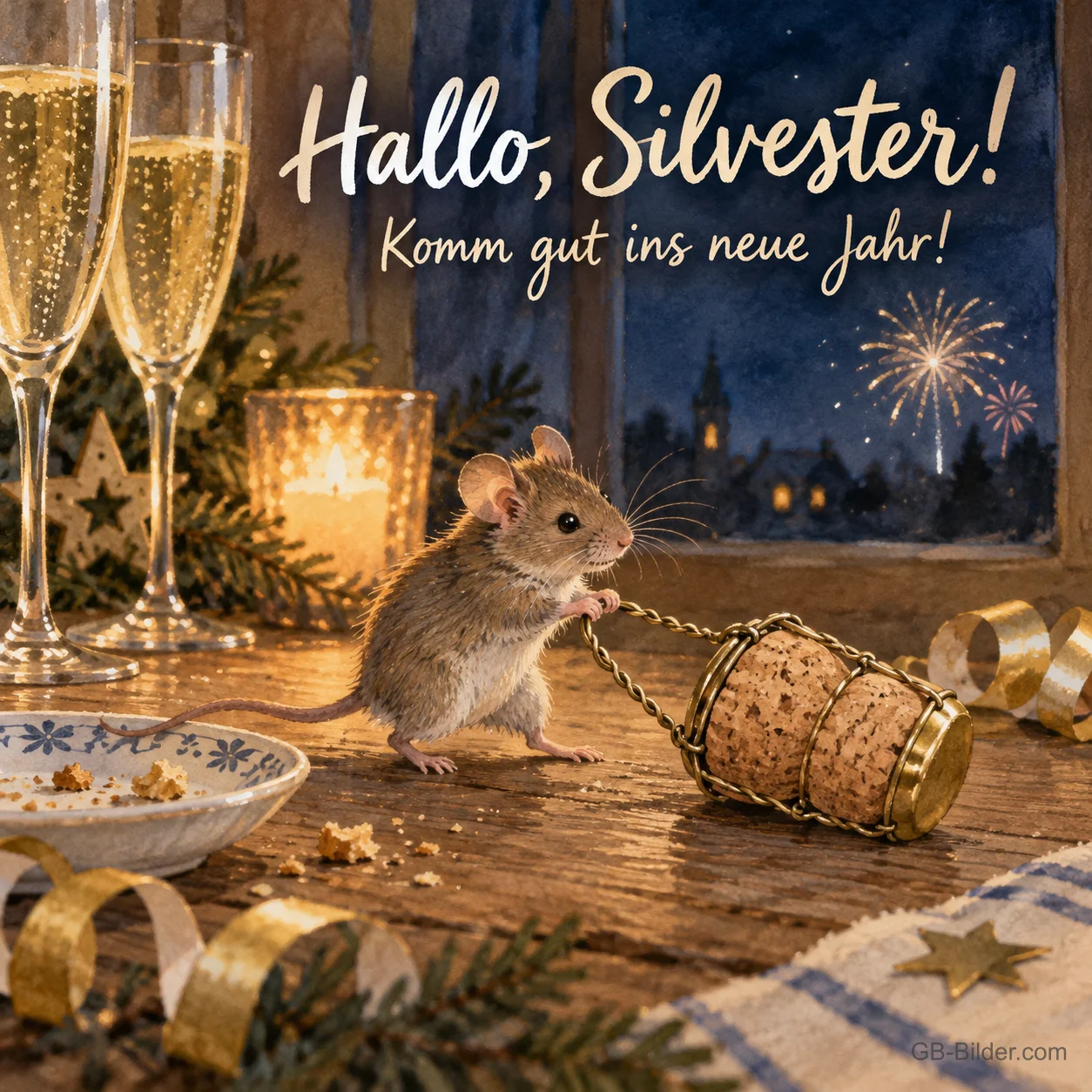 Maus zieht einen Sektkorken, Text: Hallo, Silvester! Komm gut ins neue Jahr!