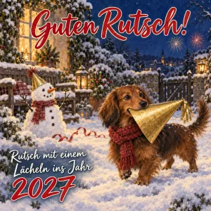 Dackel mit Partyhut im verschneiten Garten, Text: Guten Rutsch! Rutsch mit einem Lächeln ins Jahr 2027